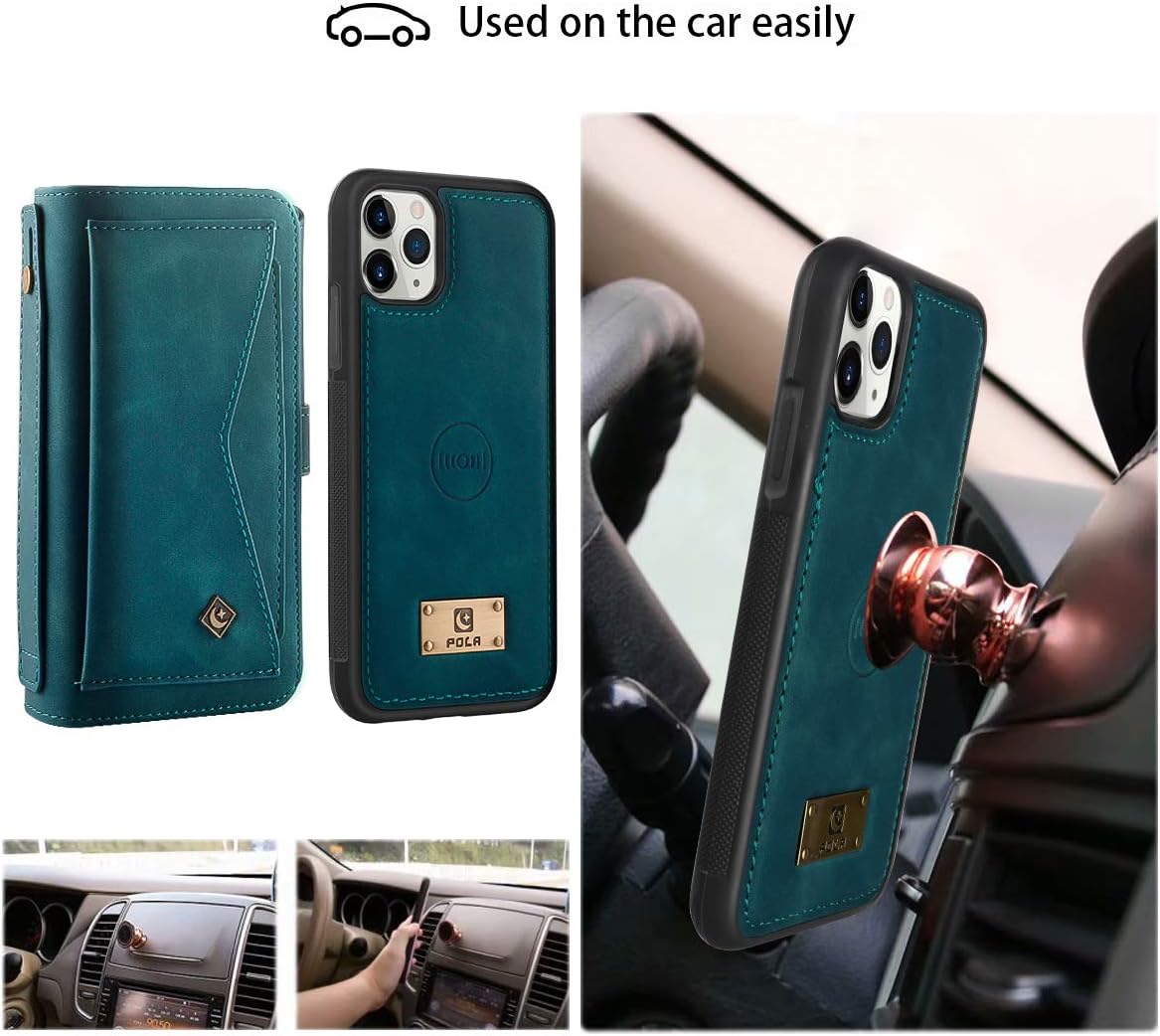 Petocase Compatible with iPhone 11 Pro Max Wallet Case, Multi-Function Zipper Purse with Detachable Magnetic Cover Wristlets 13 Card Slots 4 Cash Pocket for Apple iPhone 11 Pro Max 6.5 Inch Turquoise