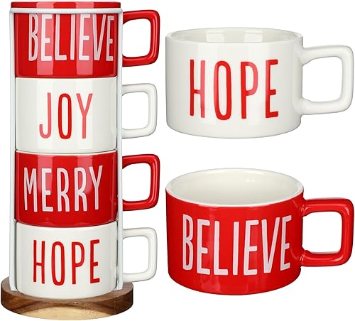 Juego de 4 tazas de café grandes apilables de Navidad de 10 onzas con estante de porcelana, tazas de café de cerámica con soporte de metal, taza de