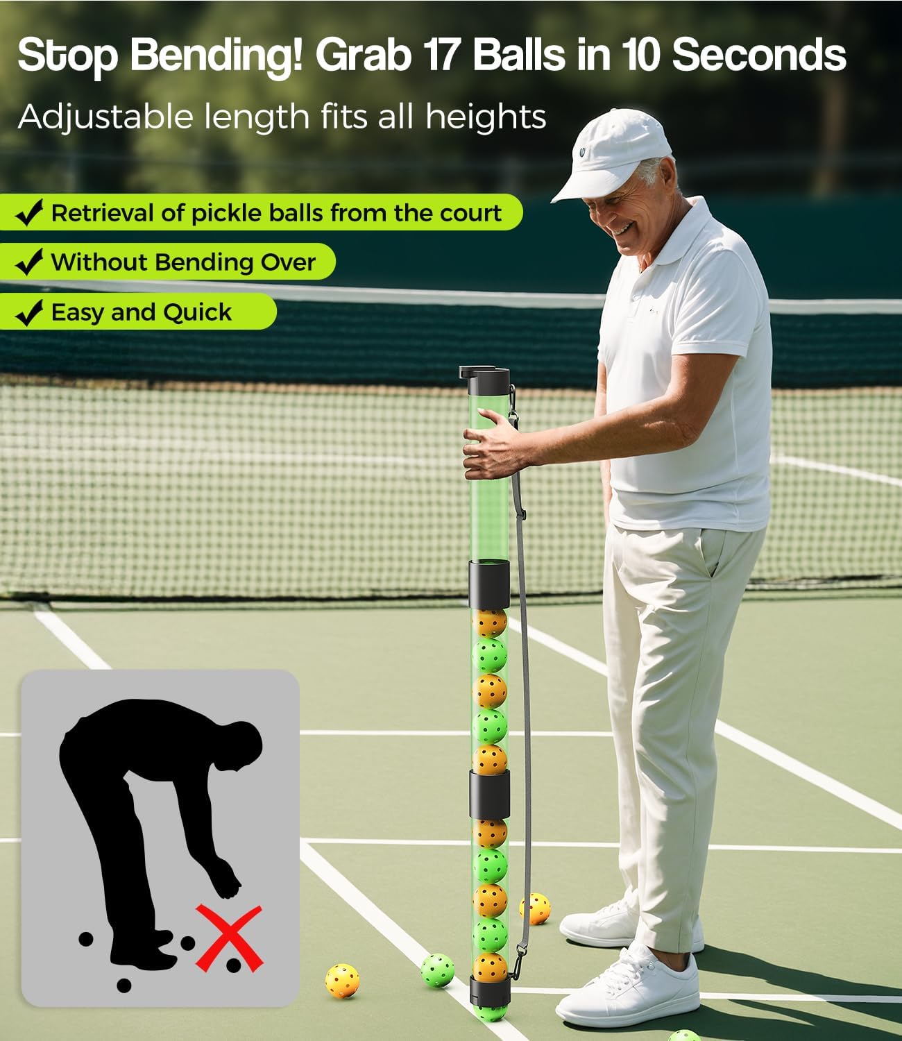 17 Balls Pickleball Ball Retriever & Holder with Strap – Adjustable Height Ball Collector, Back Saver for Adults, Kids & Wheelchair Users – Lightweight, Portable, Eco-Friendly (Green)