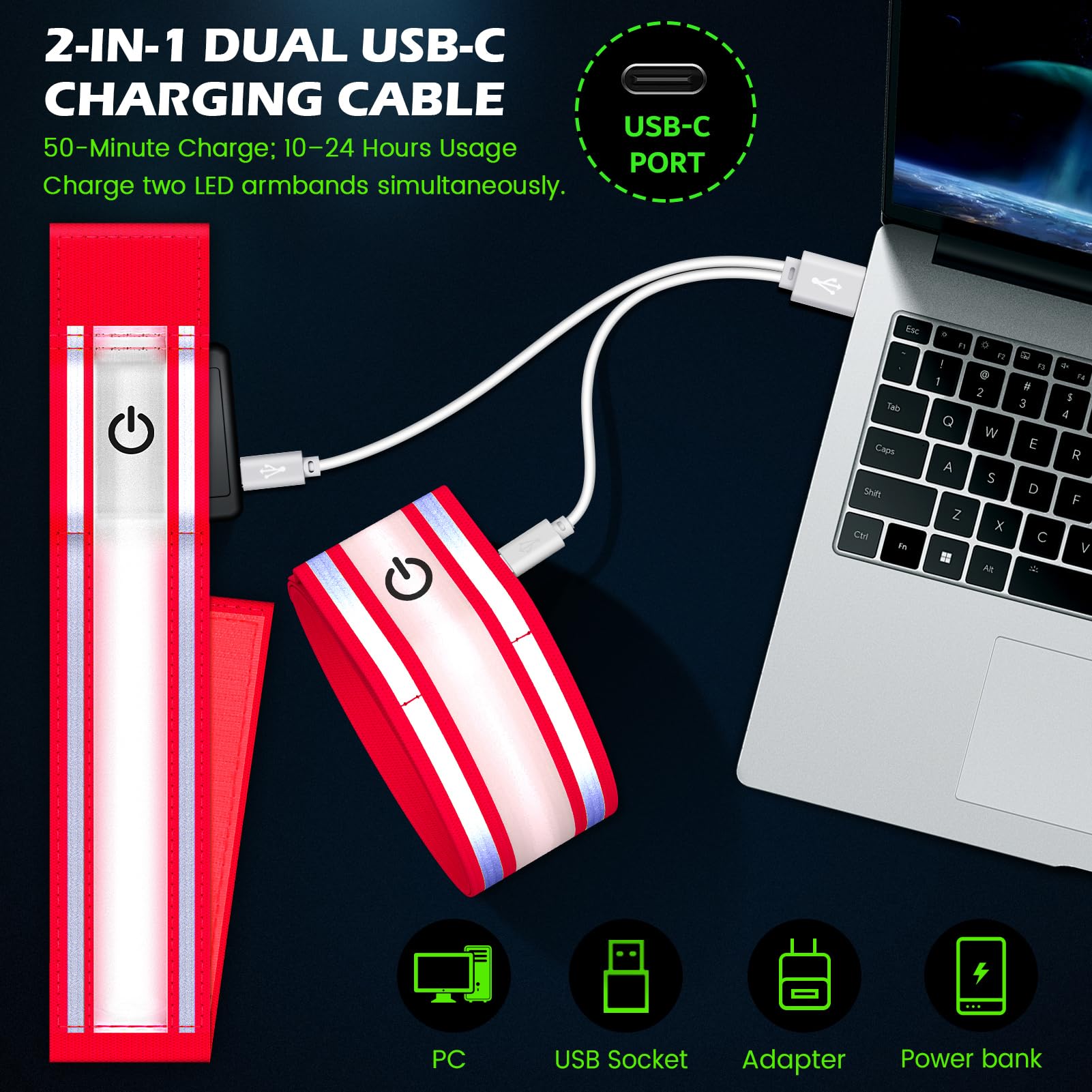 LED Bracciale Riflettente 2 Pezzi, Fascia Braccio Running, 5 Colori 3 Modalità Illuminazione Ricaricabile