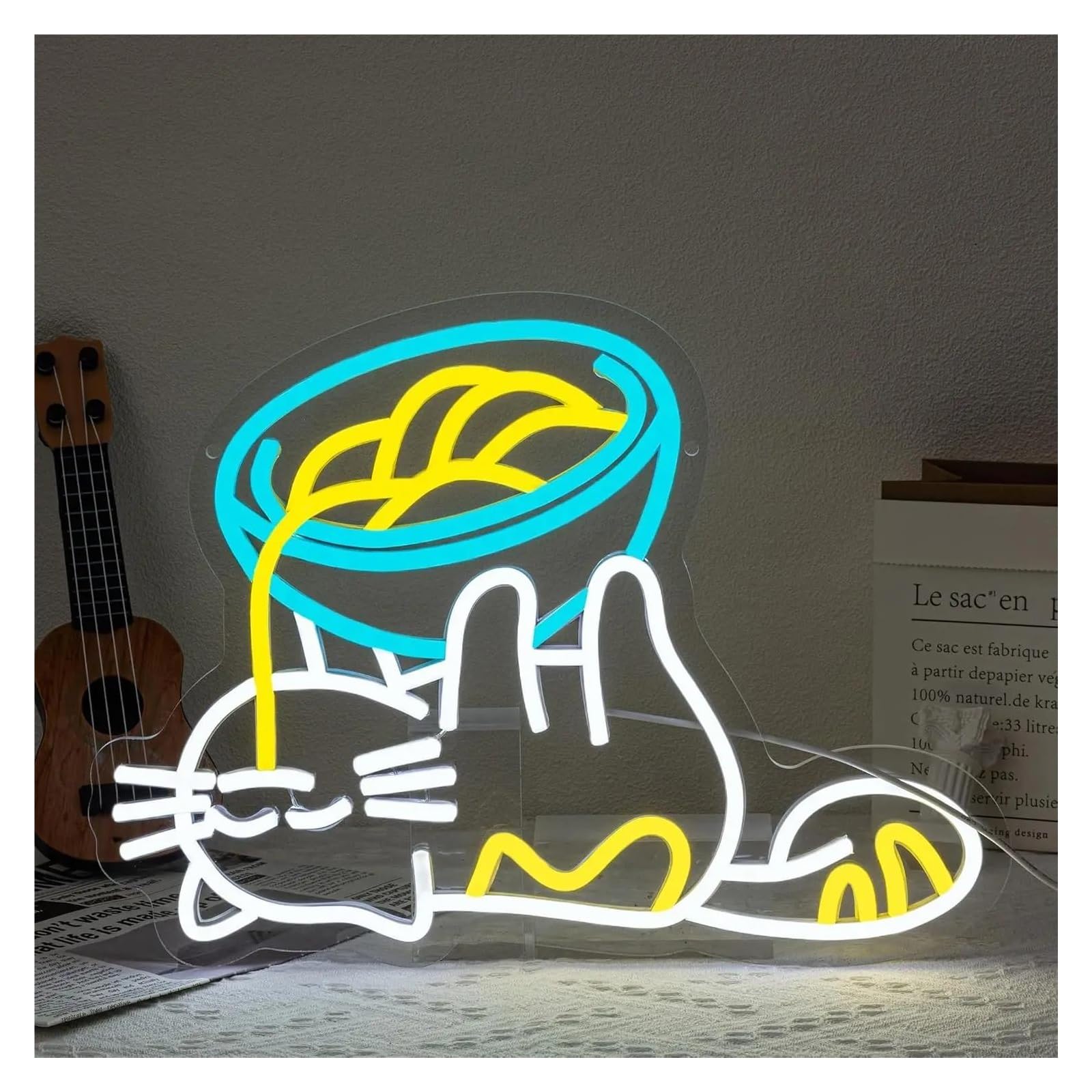 SHOUXI Sign Lamp Ramen Cat Neon Lights for Kids Bedroom Restaurant Kitchen Pet Store Decor 28.5x39cm