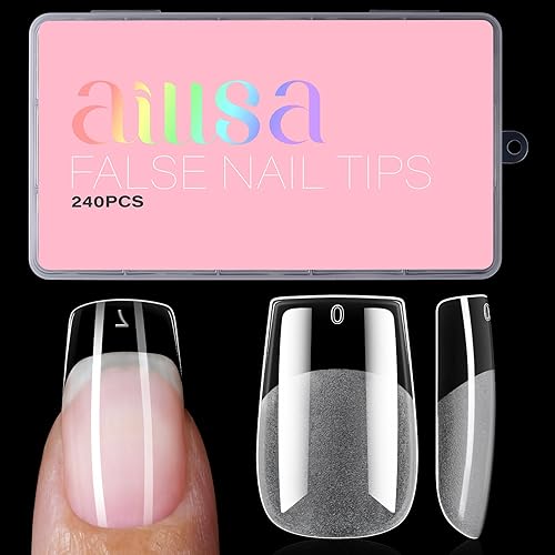 AILLSA Medium Square Fake Nail Tips 240Pcs Square Press on Nails Pre-Shaped Gelly Nail Tips, Half Matte Full Cover Clear Acrylic Gel Kit for Nail Extension Salon DIY at Home 15 Sizes False Tips