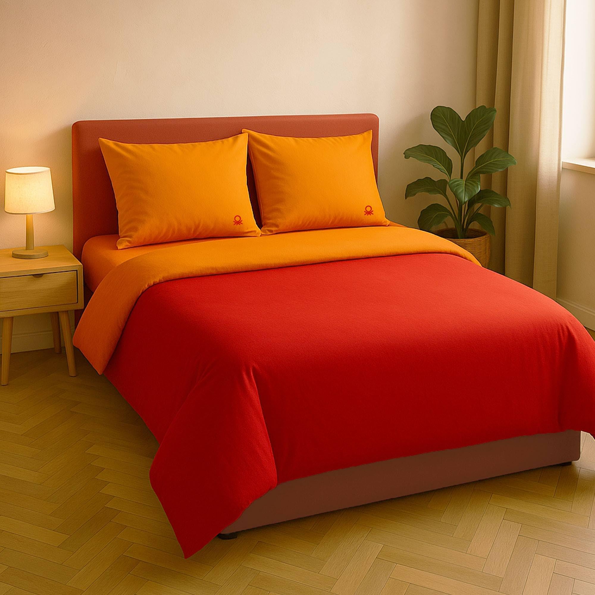 Funda NORDICA Reversible con Botones 200/220CM + SÁBANA Jersey 160/200+30CM + Fundas DE Almohada 2 X 50/70CM Naranja + Rojo Rainbow Benetton
