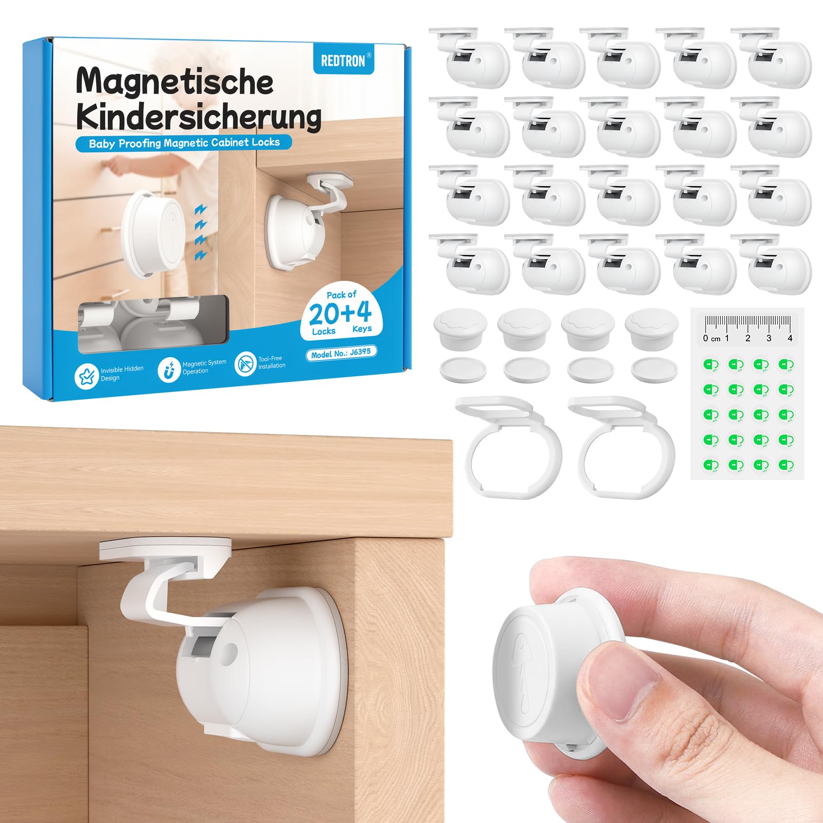 REDTRON Serrature magnetiche anti-bambino senza foratura, design invisibile, set 20 serrature e 4 chiavi, serrature sicurezza per armadi cucina, bagno, camera, soggiorno (bianco)
