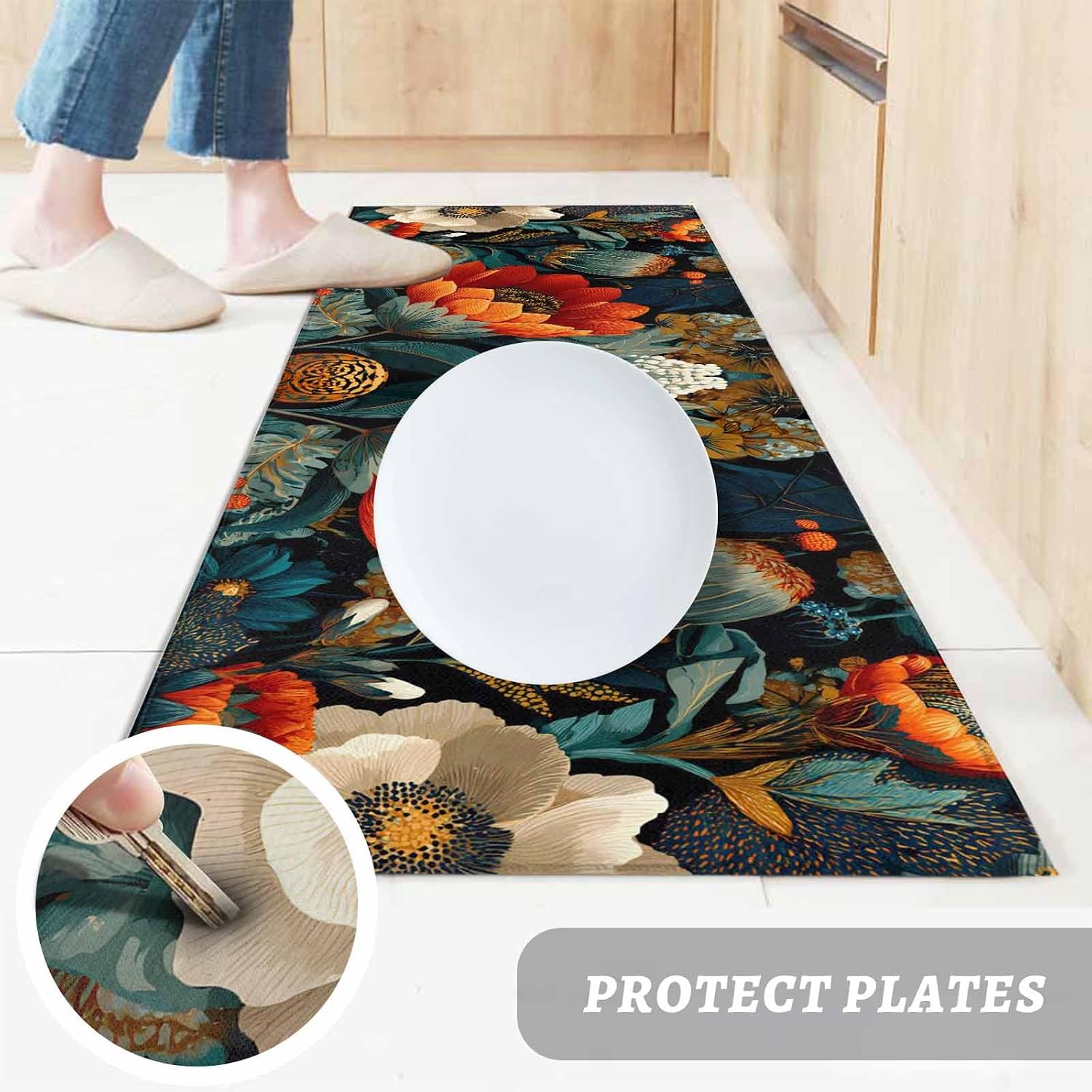 Teamery Kitchen Mats for Floor Watercolor Boho Peony Flowers Floral Washable Non Slip Kitchen Rugs 1PCS, Vintage Botantical Absorbent Standing Mats for Sink Bathroom Office Living Room 23.6x70.9in