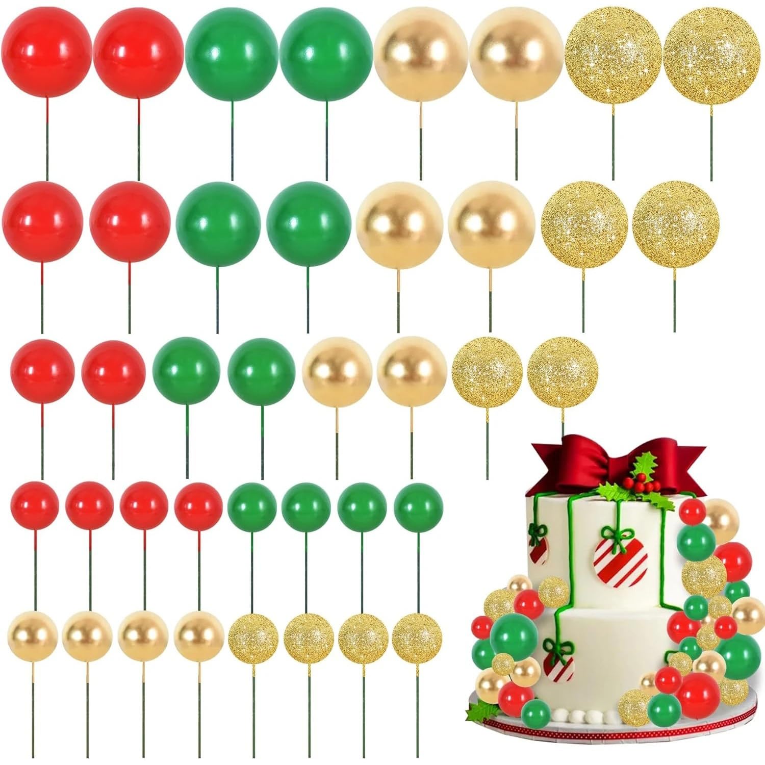 40 Pcs Ball Cake Toppers Insert Balls Cake Decorations Red Green Gold Foam Balls Cake Toppers DIY Cake Ornament for Birthday Baking Baby Shower Christmas Party Decorations