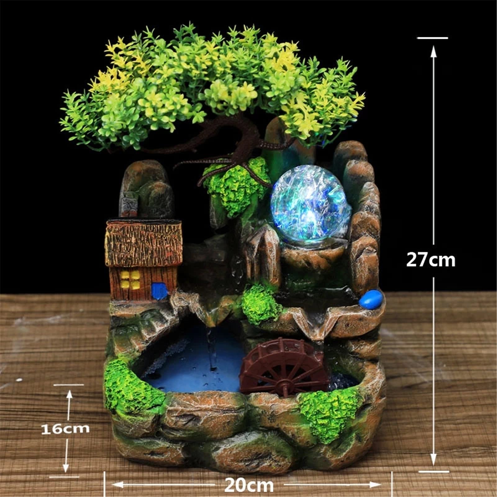 Fuente de mesa decorativa para interior, fuente de agua con cascada, de resina, diseño de árbol, con iluminación LED, Feng Shui Zen, decoración para salón, dormitorio, oficina, 20 x 16 x 27 cm