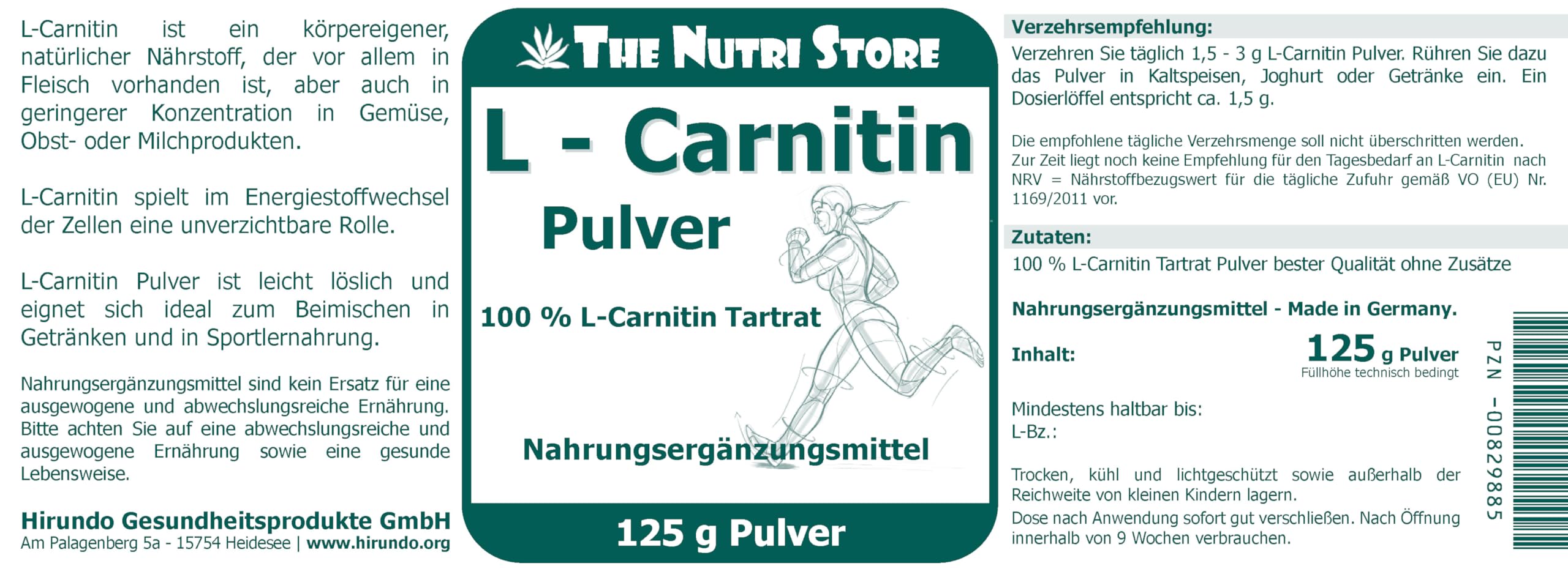 L-Carnitin Tartrat 100% rein Pulver 125 g - ohne Zusätze - The Nutri Store - Made in Germany