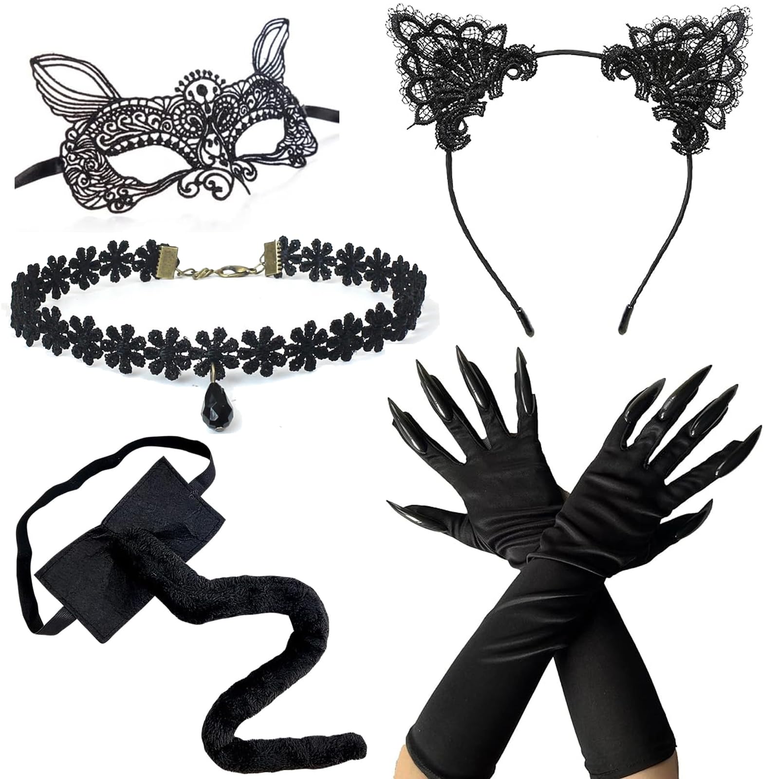 5 pcs Halloween Costume Black Cat women Accessories Set Includes Lace Cat Ear Mask, Lace Ear Headband, Gothic Choker, Long Claw Gloves, and Plush Tail for woman Cosplay The Mysterious Halloween Party