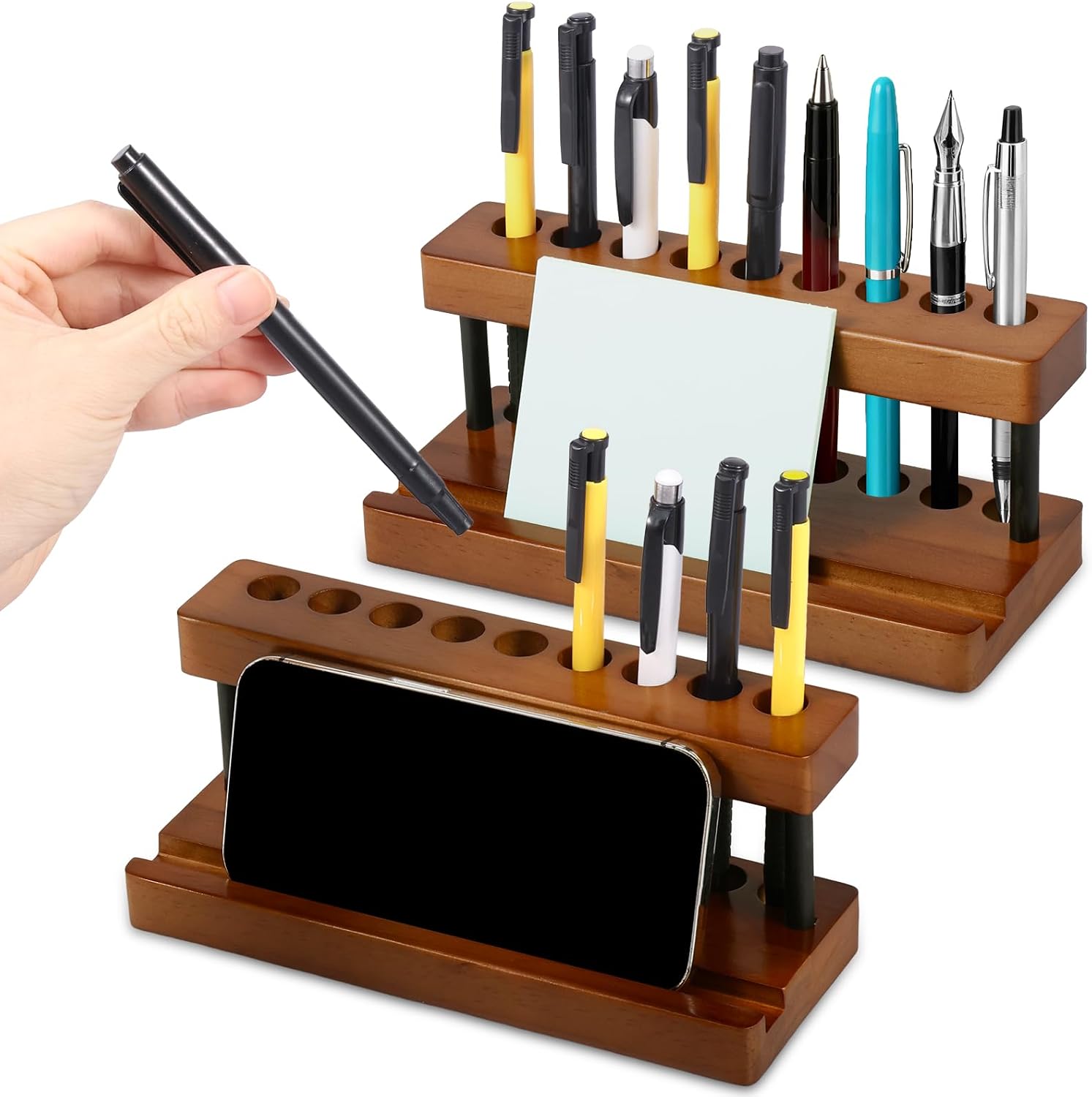 2PCS Wooden Pen Holder for Desk, Wood Pencil Display Stand with 9 Slots and Phone Holder, Stylish Desktop Decor, Pen Organizer for Office, Home