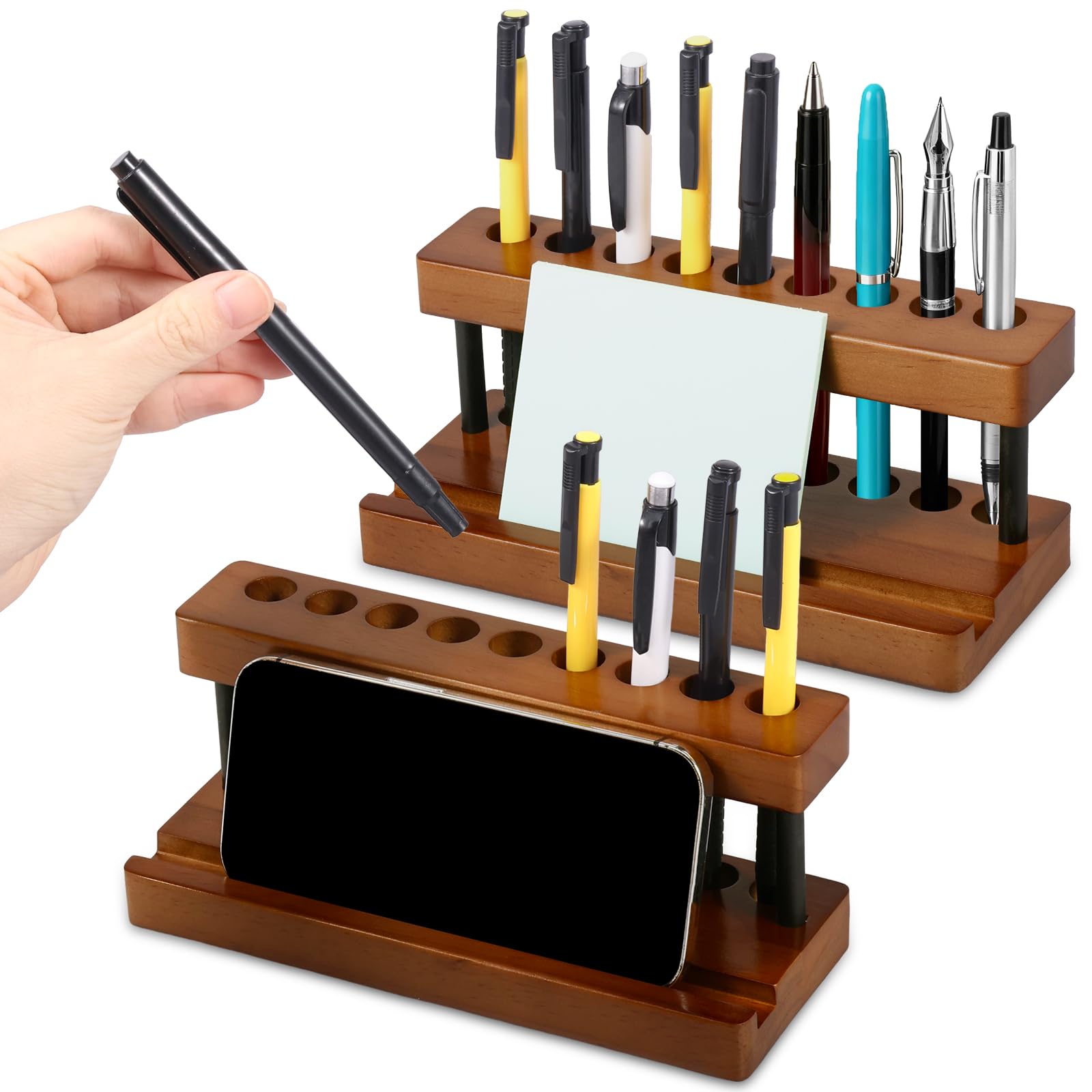 RHAIQBVC 2Pcs Wooden Pencil Holder, Multi Purpose Pen Display Stand with 9 Slots and Phone Holder, Decorative Wood Pencil Organizer for School Office Home Use