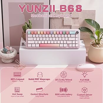 YUNZII B68 キーボード/ピンク/ココアクリームV2 Amazon | YUNZII B68 65％ ワイヤレスメカニカルキーボード
