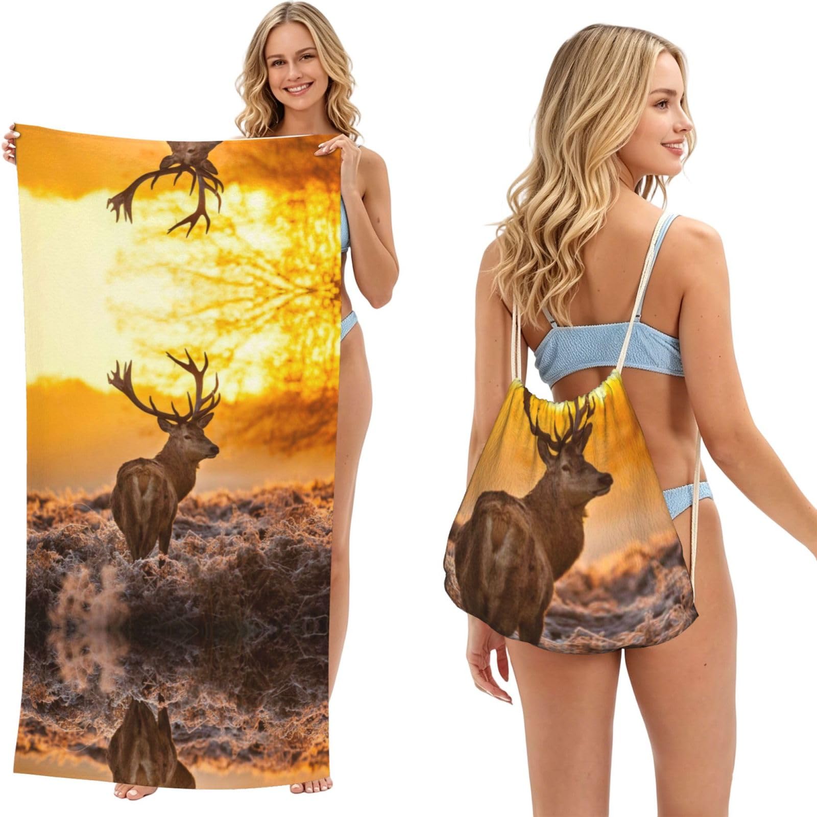 ESNAIUVCD Antler Red Deer Print Beach Towel For Adults,Towel With Drawstring Bag, Travel Pool Swimming Sports Shower Sand Free Quick Dry Bath Towel For Pool, Beach, Yoga- 180x60cm