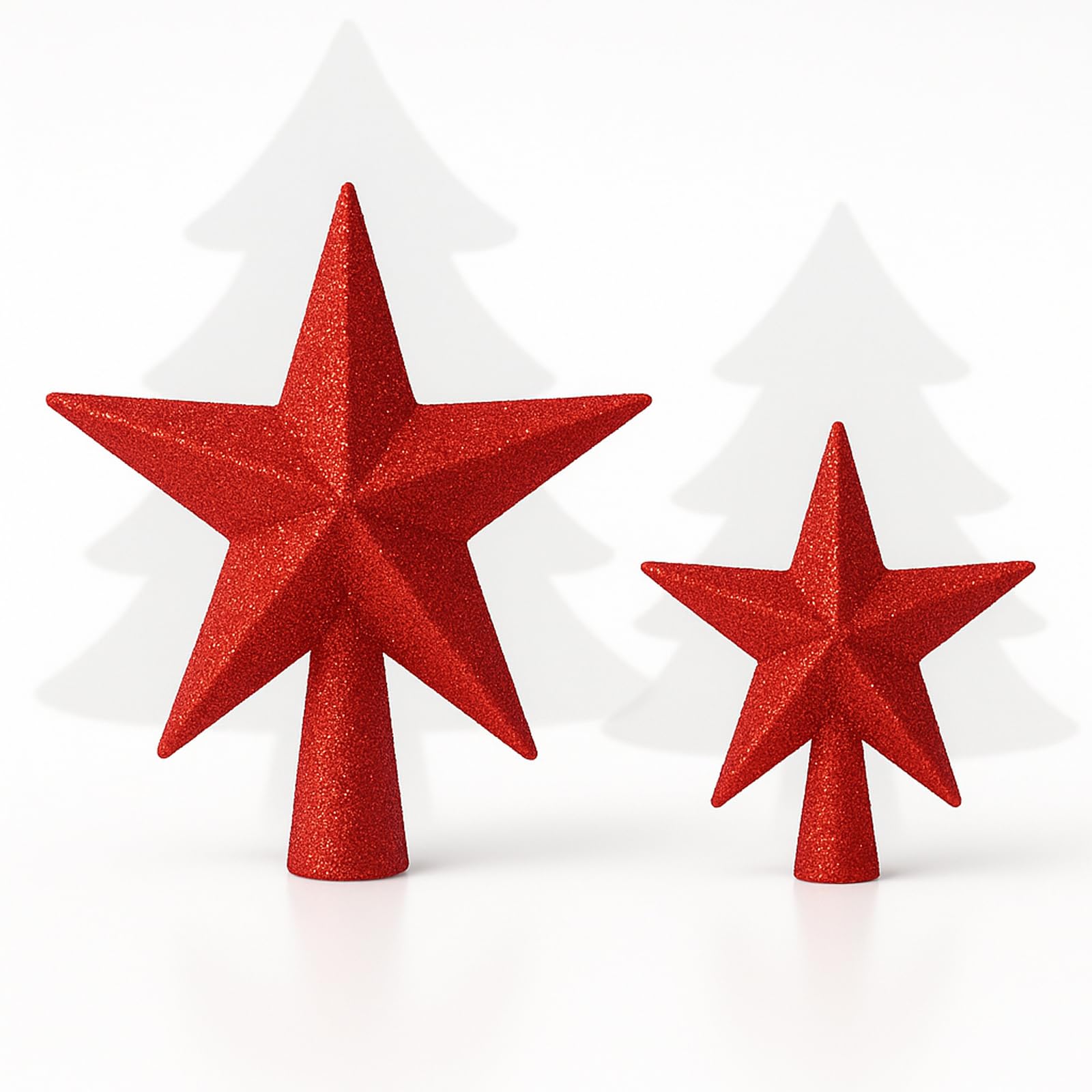 AMLOOPH Christmas Tree Topper, 2 Pack Glitter Red Christmas Tree Star Decorations - 15cm & 10cm Sparkle Xmas Star Tree Topper for Traditional Red Christmas Decorations