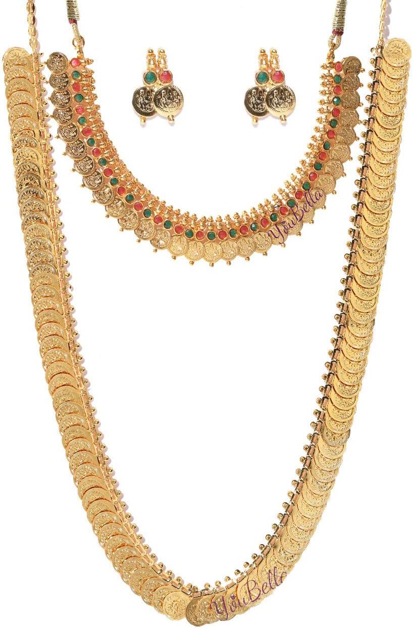 Jewellery set for women Gold Plated Long Traditional Coin Necklace set and Red Green Choker necklace Jewellery Set with Earrings for Girls and Women