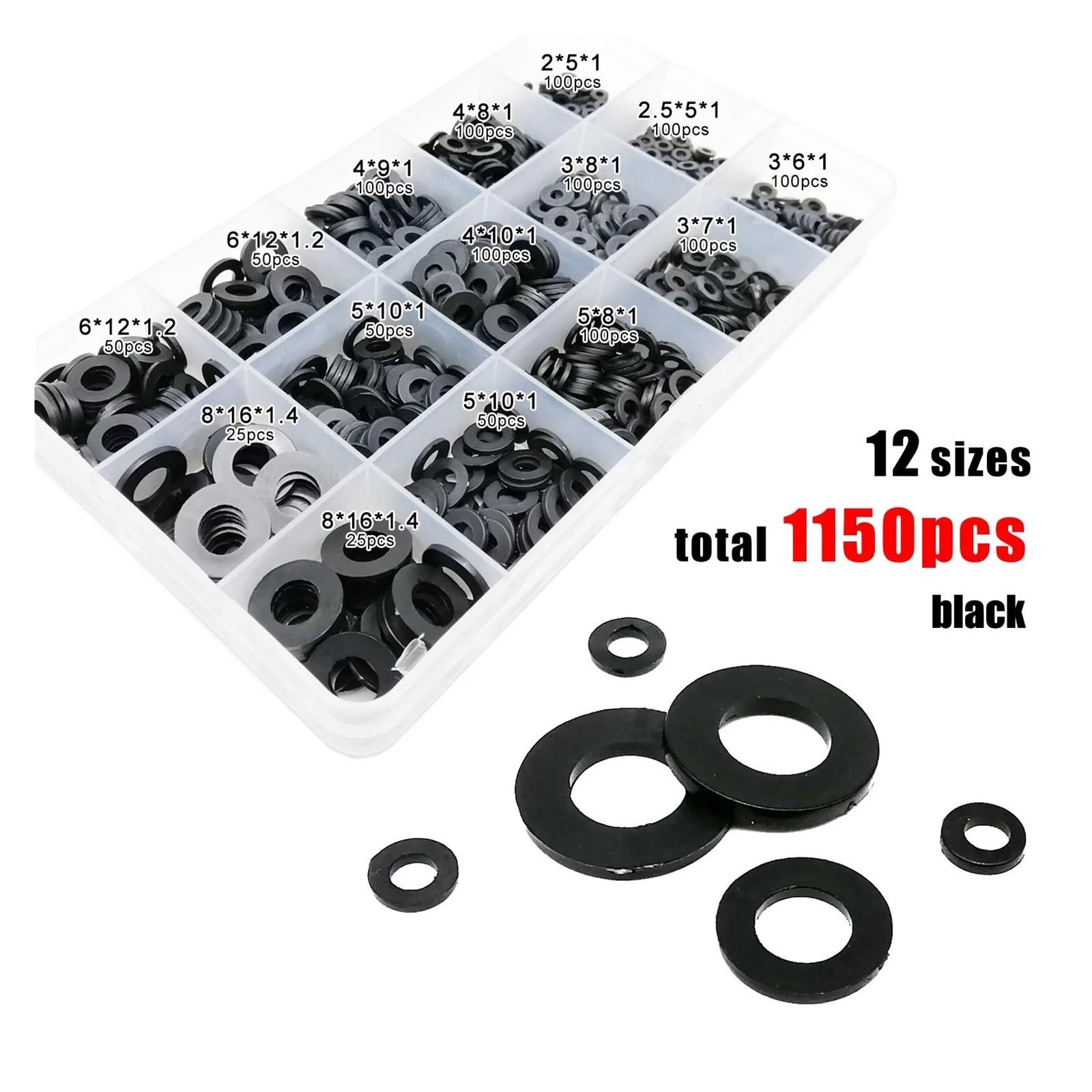 Kit d'assortiment de rondelles plates et joints d'étanchéité, 475/1150 pièces, M2,5, M3, M4, M5, M6, M8 Rondelles Plates inoxydable(Black 1150pcs)