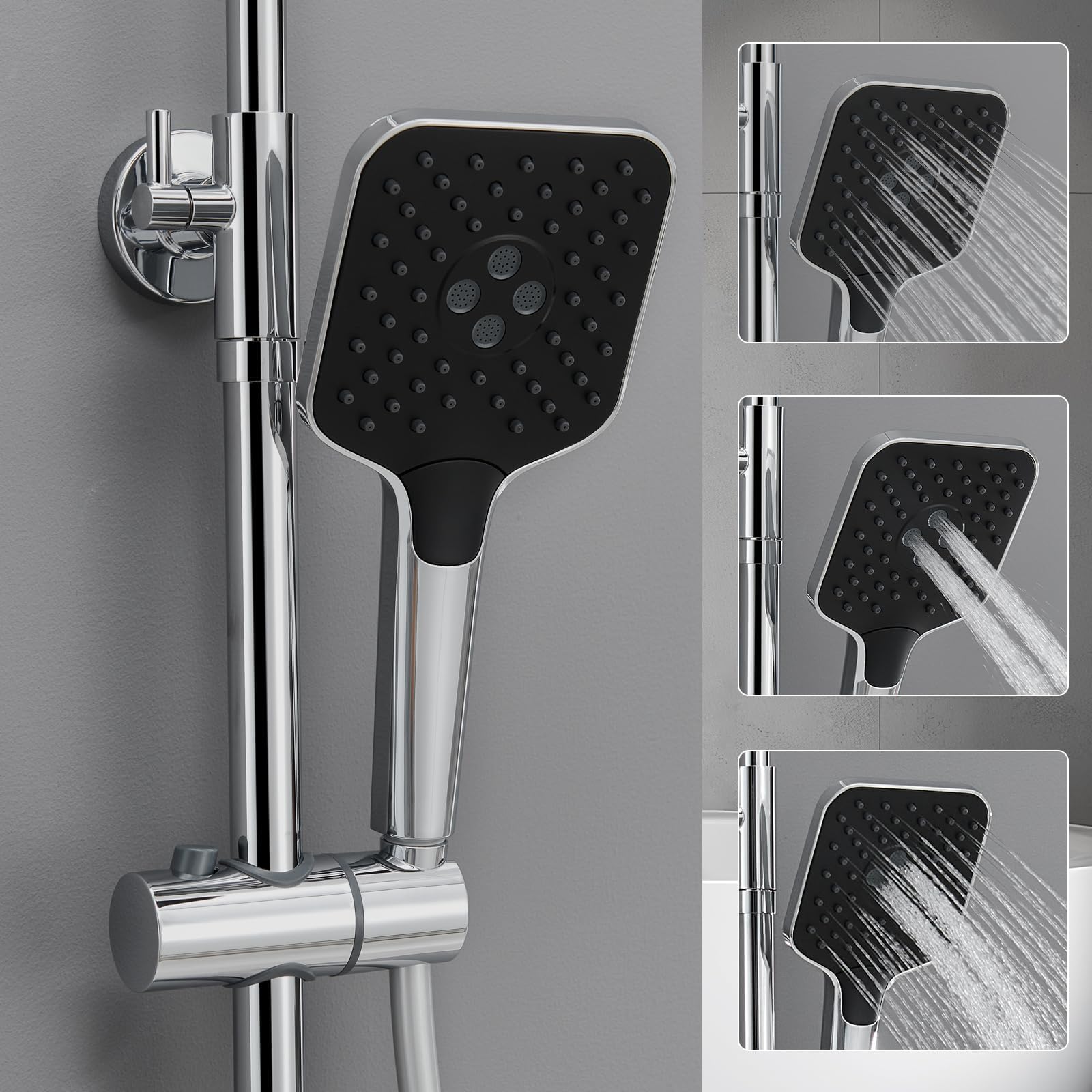 Auralum Columna de Ducha con Grifo Termostático, Columna Ducha con Estante, Rociador Ducha Lluvia 30x19cm, Alcachofa de Ducha 3 Modos con Manguera 1,5m, Duchas de Baño Altura Regulable 88-124cm, Cromo