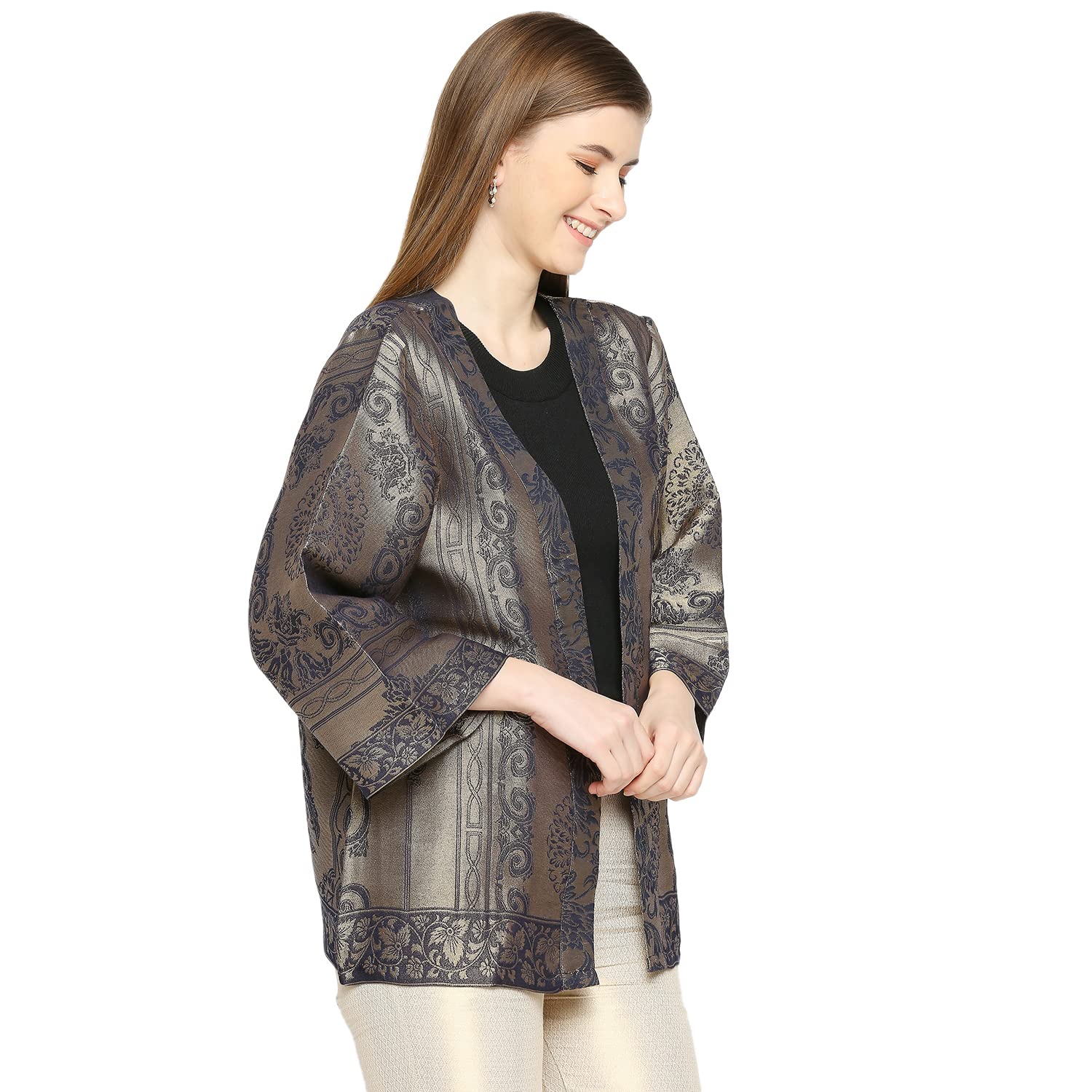 Diwali Sale Cloth Haus India Women'S || Brown Printed || Full Sleeves || Brocade Material || Kimono Jacket For Women