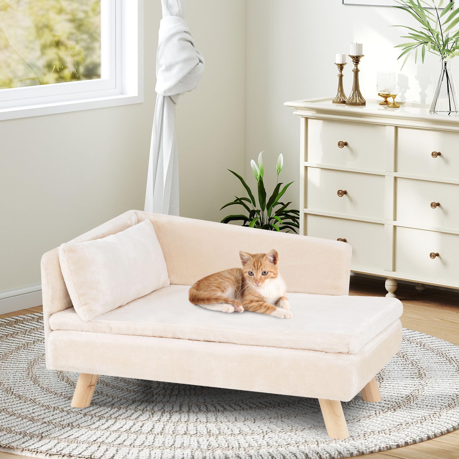 GYMAX Cama para Perros de Interior, Sofá para Mascotas con Patas de Madera de Pino Elevadas, Respaldo Alto, Cojines Desmontables, Cama Acolchada para Gatos Animales de Tamaño Mediano, Pequeño (Blanco)
