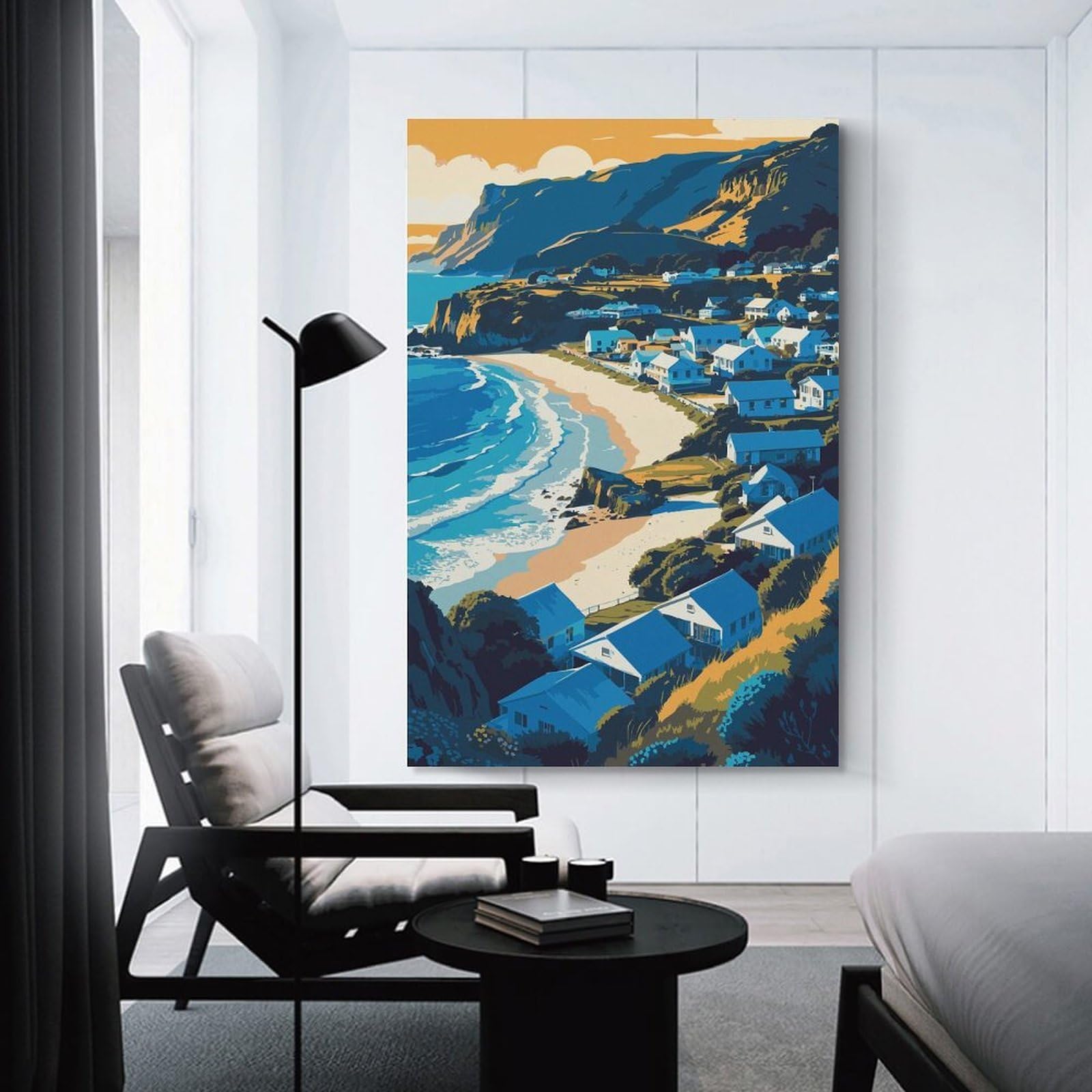 Junmoney Coastal Village Landscape Illustration Decorative Canvas Print, 08x12inch(20x30cm), for Hallway, Bedroom Or Modern Interiors, Gift Idea for Housewarming And Birthdays