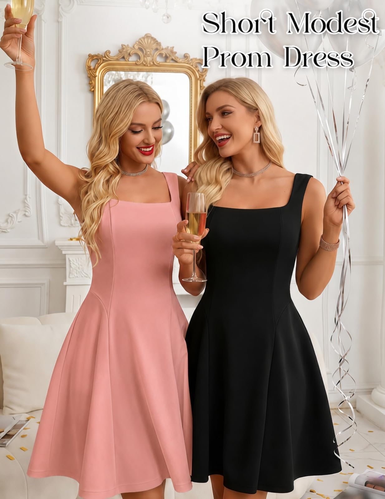Bbonlinedress Damen-Minikleid mit quadratischem Ausschnitt, ärmellos, kurz, A-Linie, formelle Hochzeitsgäste