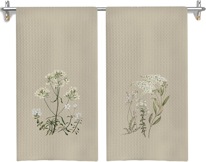 Rustic Floral Botanical Kitchen Towels, Neutral Beige Wildflower Dish Tea Towels for Kitchen Decor, Farmhouse Flower Plant Hand Towel for Bathroom Decor, 16x24 Inches Set of 2