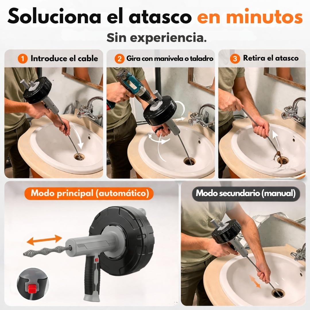 Desatascador de Tuberías Profesional 10 m – Cable y Muelle de Acero Flexible para Fregadero, Ducha y WC | Sirga Desatascador para Desagües sin Productos Químicos con Guantes, Cepillo, Toalla y Manual.