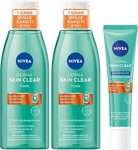 NIVEA Derma Skin Clear Night Exfoliator Gece Arındırıcı Krem 40 ml + NIVEA Derma Skin Clear Sivilce Karşıtı Tonik 200 ml X2