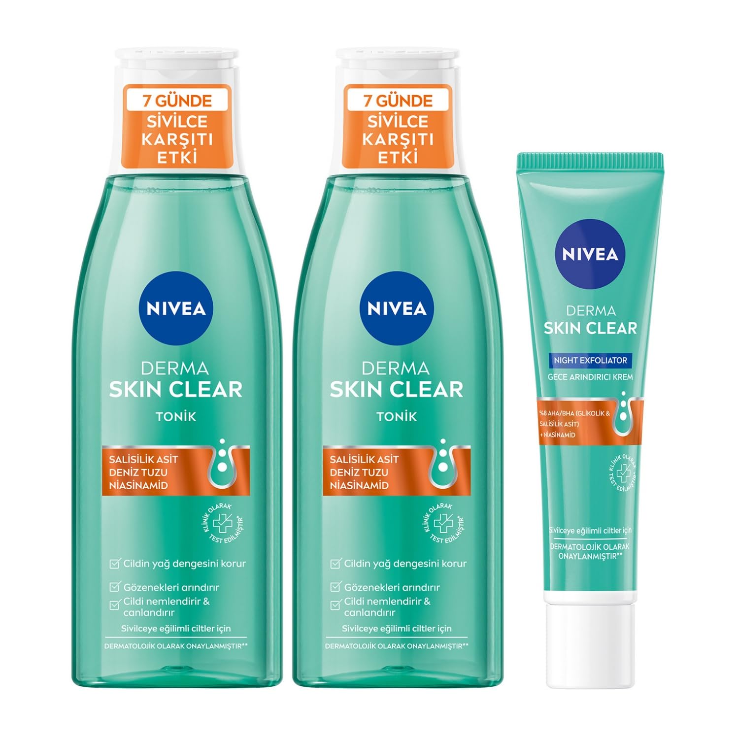 NIVEA Derma Skin Clear Night Exfoliator Gece Arındırıcı Krem 40 ml + NIVEA Derma Skin Clear Sivilce Karşıtı Tonik 200 ml X2