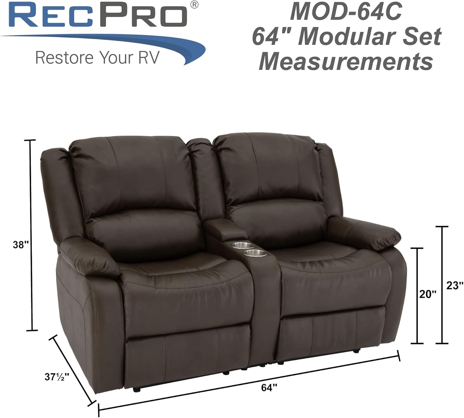 RecPro Charles 64" Double Recliner RV Sofa with Console and Cupholders | Zero Wall Loveseat for Camper | Wall Hugger Couch | Upgraded 2023 Fabric (Chestnut)