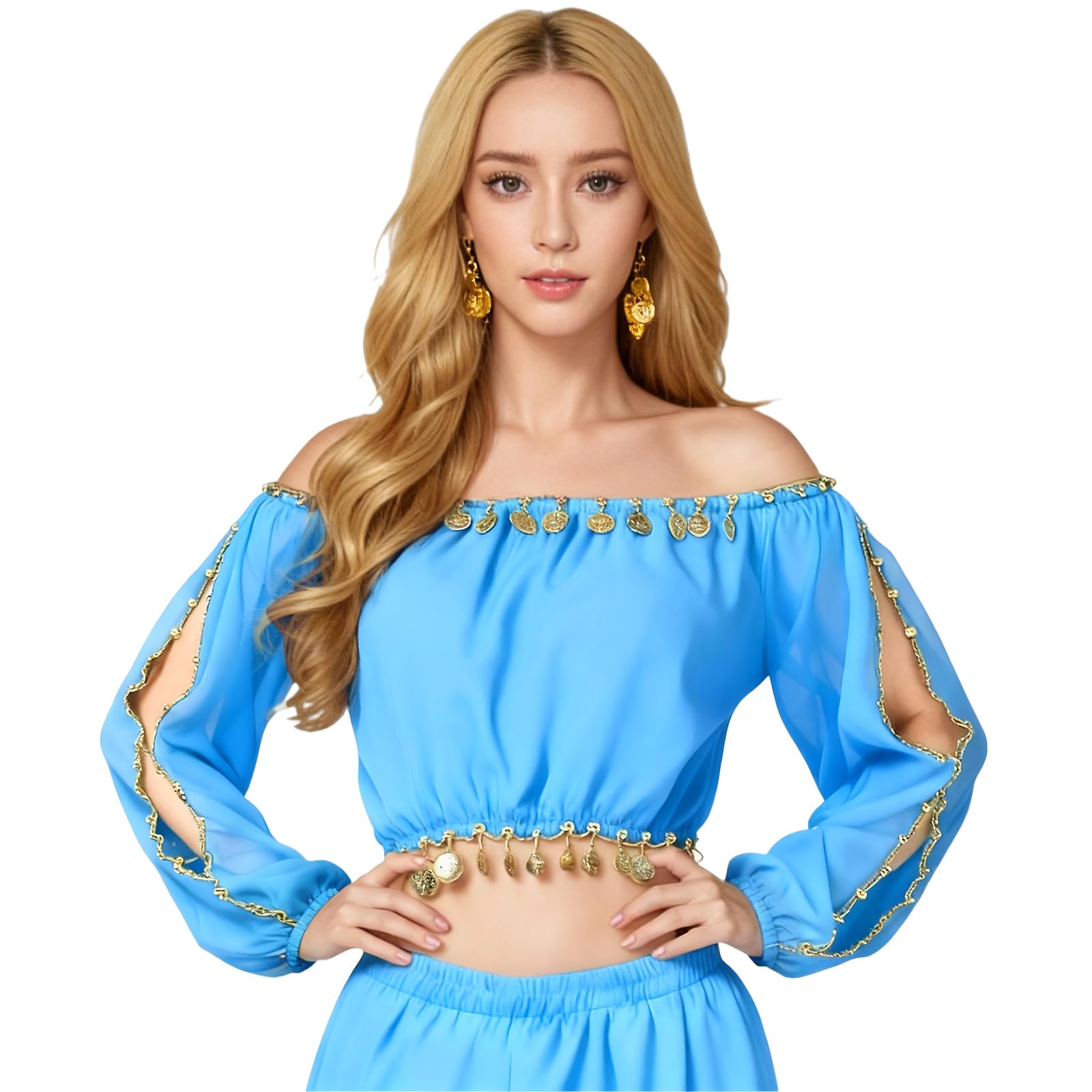 Baisdan Women's Belly Dance Top, Long Sleeves Dance Top with Coin Halloween Costume