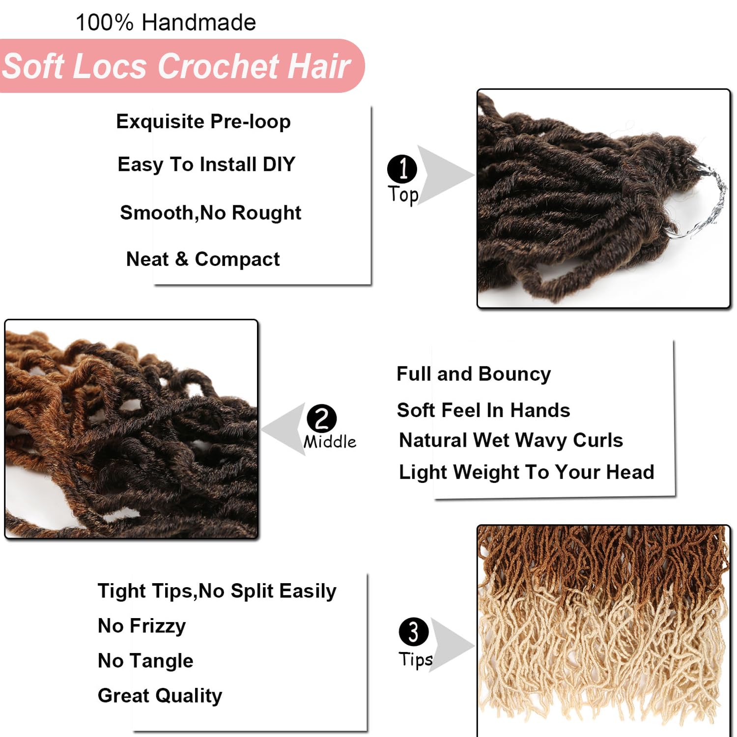 Ombre Faux Locs Crochet Hair, 24 Inch 6 Packs Soft Locs,Three Tone Black/Brown/Blonde Pre Looped Wavy Faux Locs Crochet Hair For Women,Light Weight,Itch Free(24",T4/27/613#)