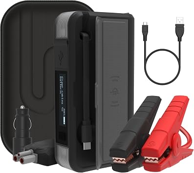 Type S Dynamic Plus DP10C Car Jump Starter Portable UL Listed 12V 8000mAh for 6L Gas/3L Diesel, Built-in USB-C + Qi Charging, Multi-Language LCD, Emergency Hazard Lights Gray, USB-C