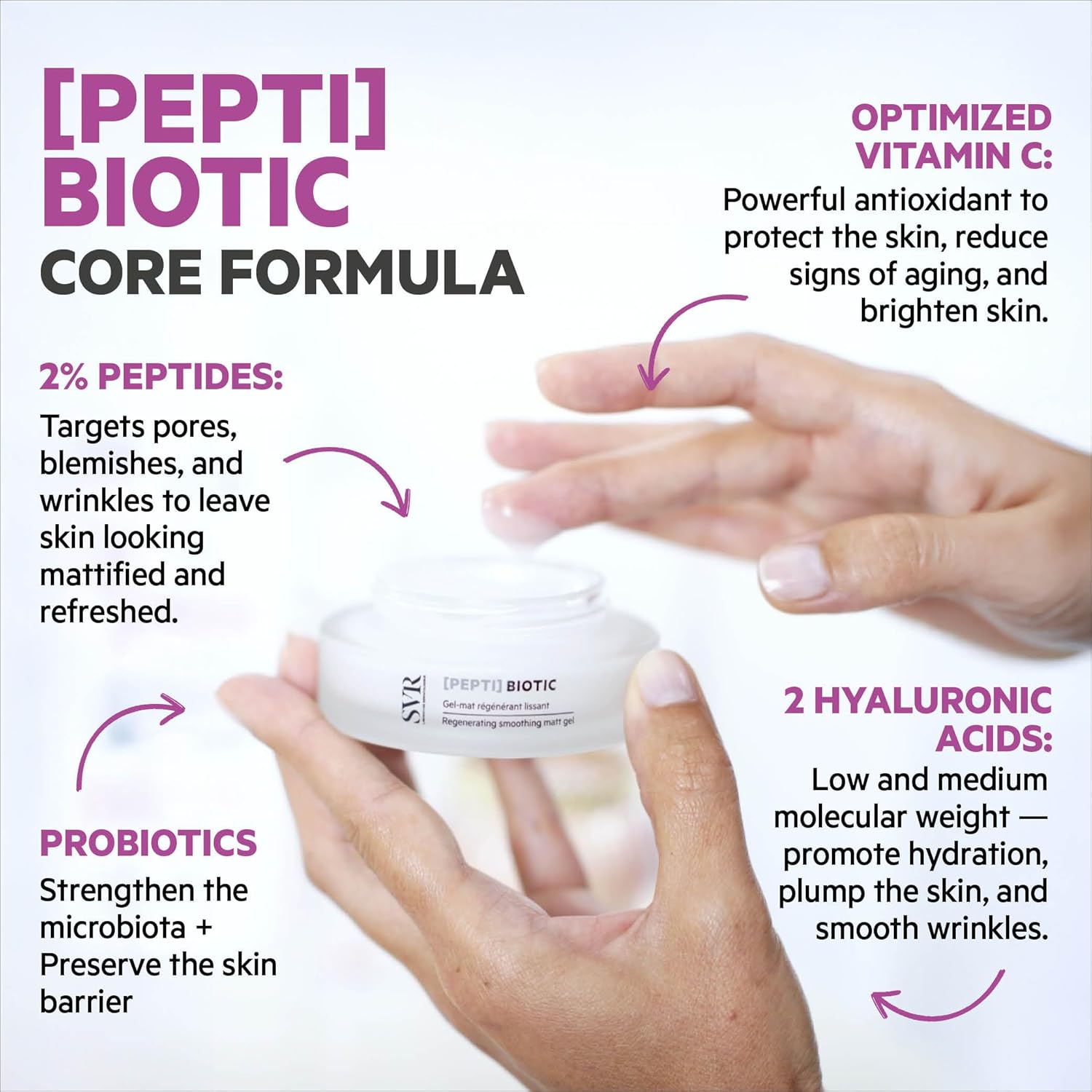 SVR PEPTI Biotic. Smoothing Retexturing Gel with 2% Peptides, Targets Pores for a Mattified, Refreshed Skin; Light, Non-Comedogenic, Suitable for Sensitive Skin. 1.7 fl oz