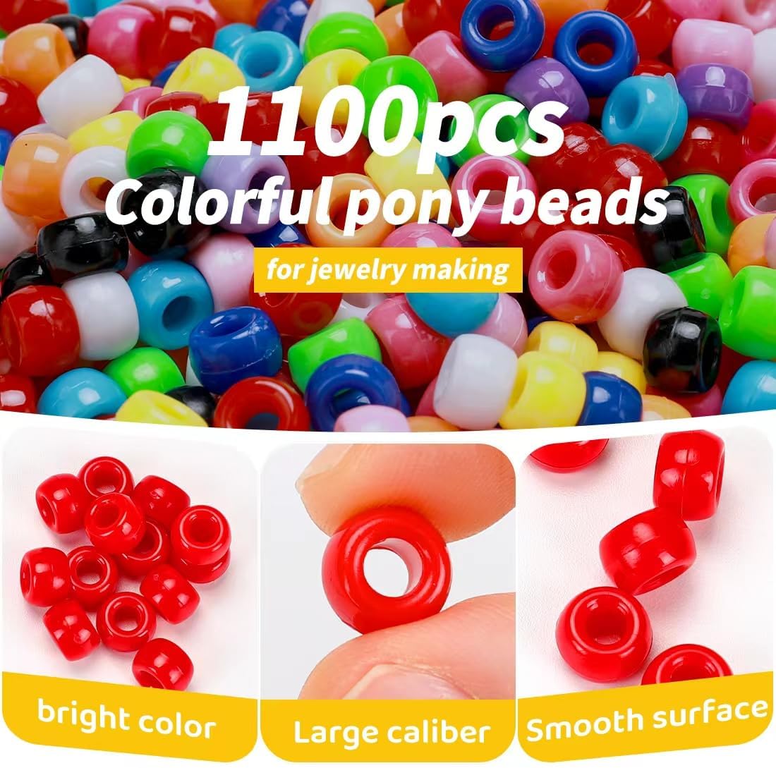Bundooraking 1100pcs Pony Beads Bulk, Plastic Beads in 11 Colors for Bracelets, Jewelry Making, Crafts, Hair Braiding, Keychains & DIY Projects（6x9mm）
