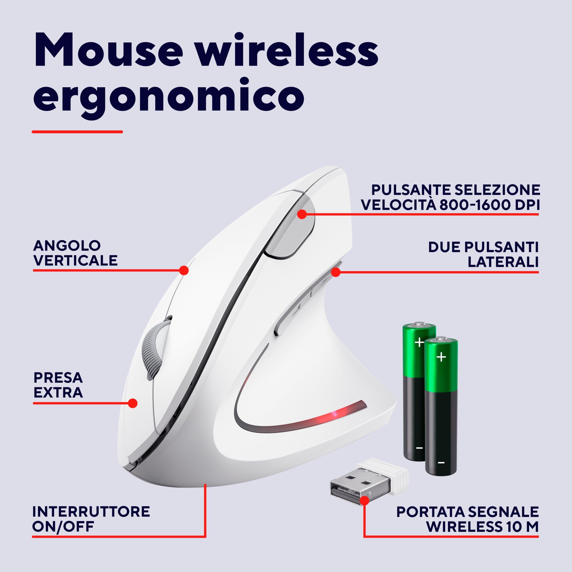 Trust Verto Mouse Verticale Wireless, Mouse Ergonomico senza Filo, Ridurre la Tensione del Braccio e del Polso, 800-1600 DPI, 6 Pulsanti, PC, Computer, Portatile, Mac, Batterie Incluse - Bianco