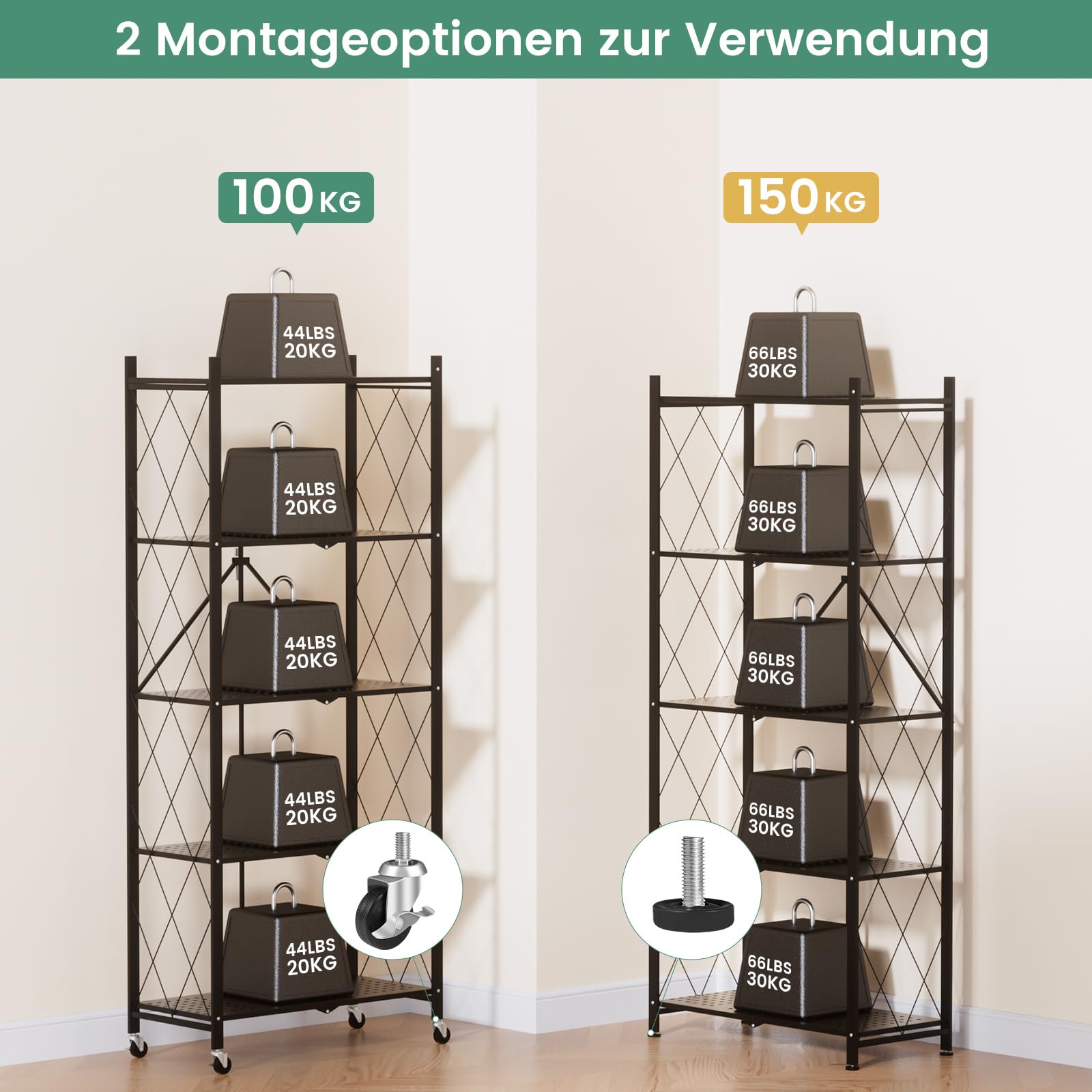ALANNG Klappregal mit Rädern - Standregal mit 5 Ablagen, Bücherregal aus Metall - Montagefrei & Stabil - Für Küche, Wohnzimmer, Keller, Büro - Schwarz