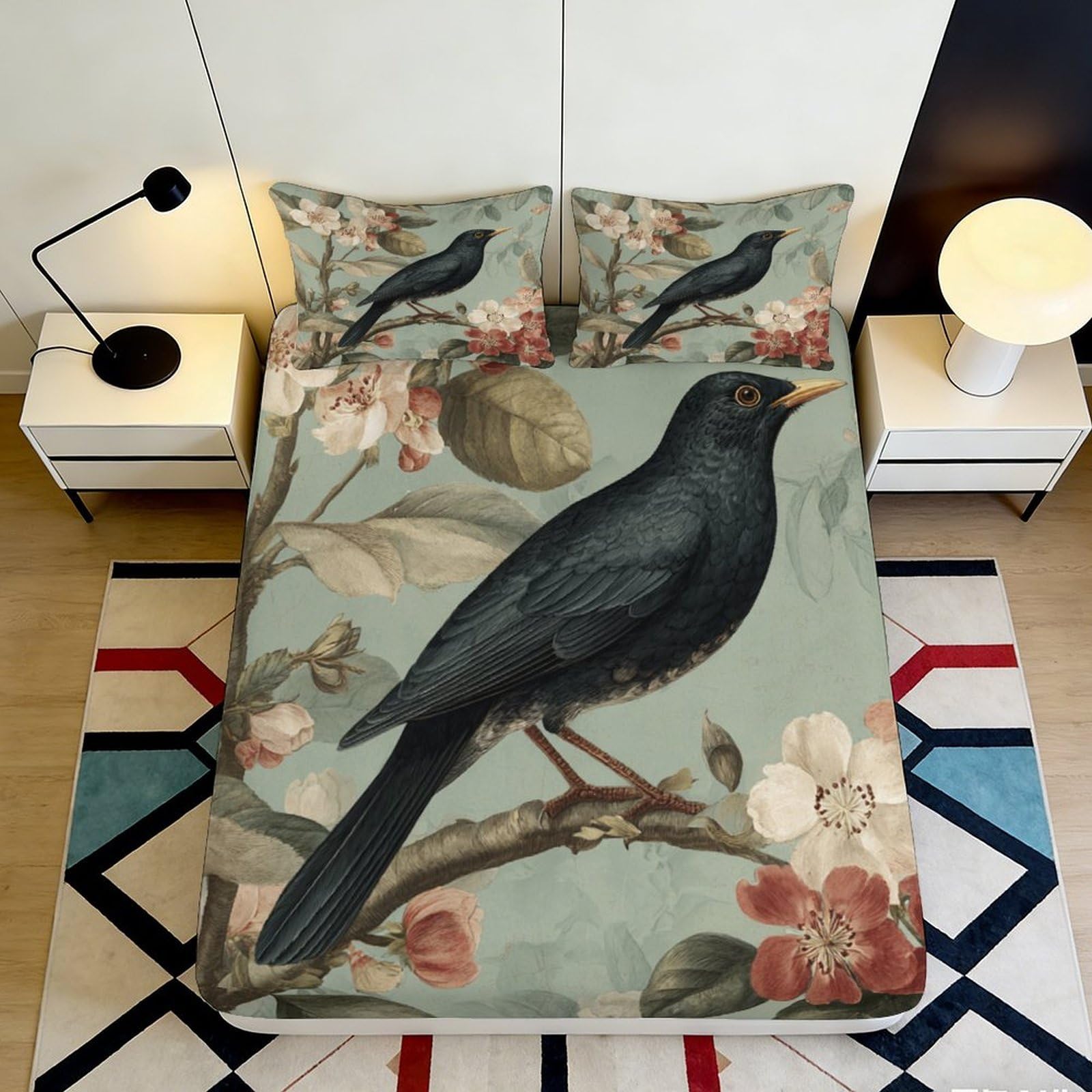 3D Printed Bird Floral Fitted Sheet Microfiber Deep Pocket Non-Slip Bedroom Bedding Bird Floral Mattress Fitted Cover for Adults Teens 160x200x25cm