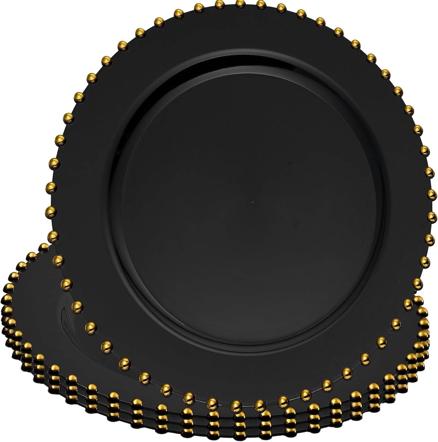 Platos Cargadores Plásticos Negros con Borde Dorado – Pack de 8 – 13" Redondos