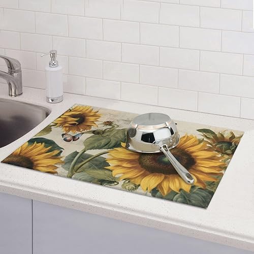 Miniatura 7 de Tapete de secado de platos de girasol y mariposa para decoración de encimera de cocina, 18 x 24 pulgadas, absorbente floral, reversible, de