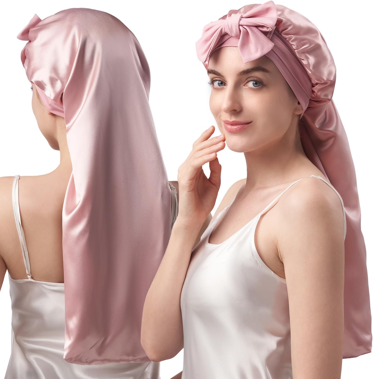 Double-Layered 100% Pure Mulberry Silk Bonnet for Long Hair, 22 Momme Silk Hair Bonnet for Sleeping with Elastic Tie Band, Real Silk Sleep Cap for Women Long Curly Hair, Pink