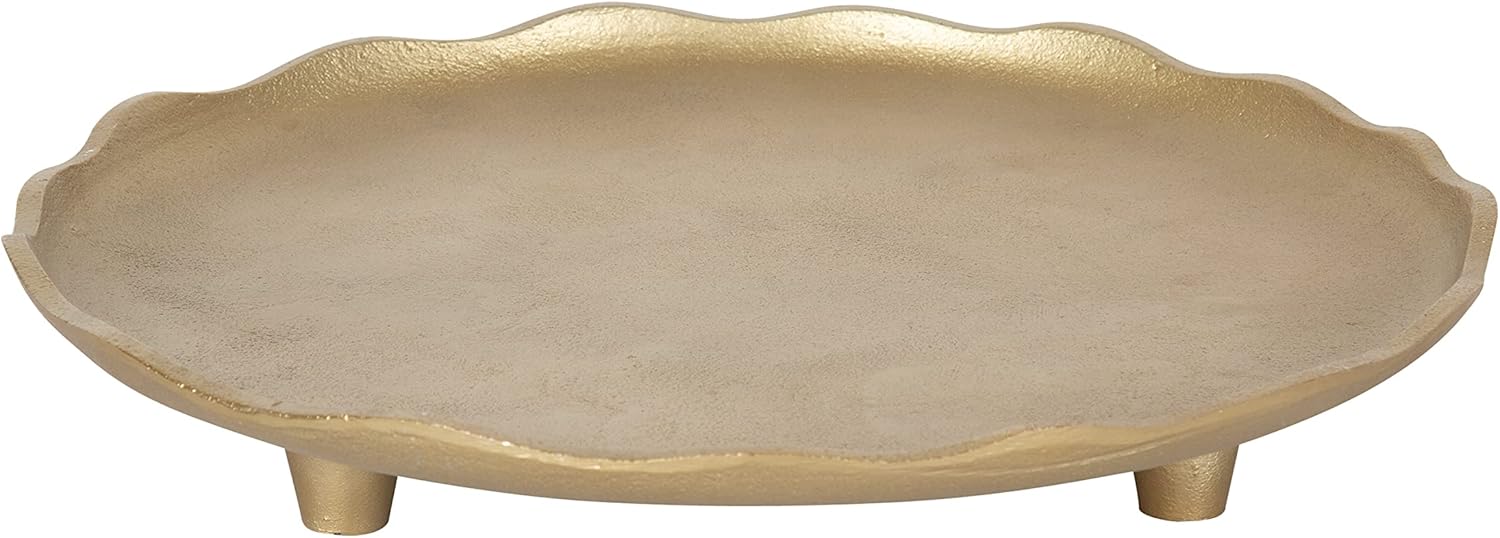 Kate and Laurel Alessia Modern Decorative Scalloped Round Footed Metal Tray; 16 Inch Diameter; Gold; Food-Safe Cast Aluminum Pedestal Transitional Tray with Rough Texture and Deckled Edge
