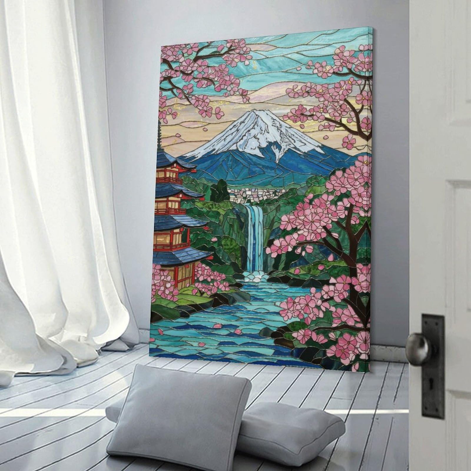 Junmoney Frame-Style Mount Fuji Stained Glass Canvas Wall Art, 24X36inch(60X90cm), For Living Room, Bedroom Or Apartment Walls, Decorative Artwork For Empty Walls