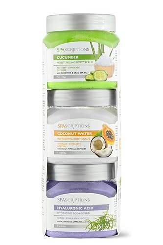 Spascriptions Paquete de 3 exfoliantes corporales - Surtido de hidratación, pepino, agua de coco y papaya, 21 onzas