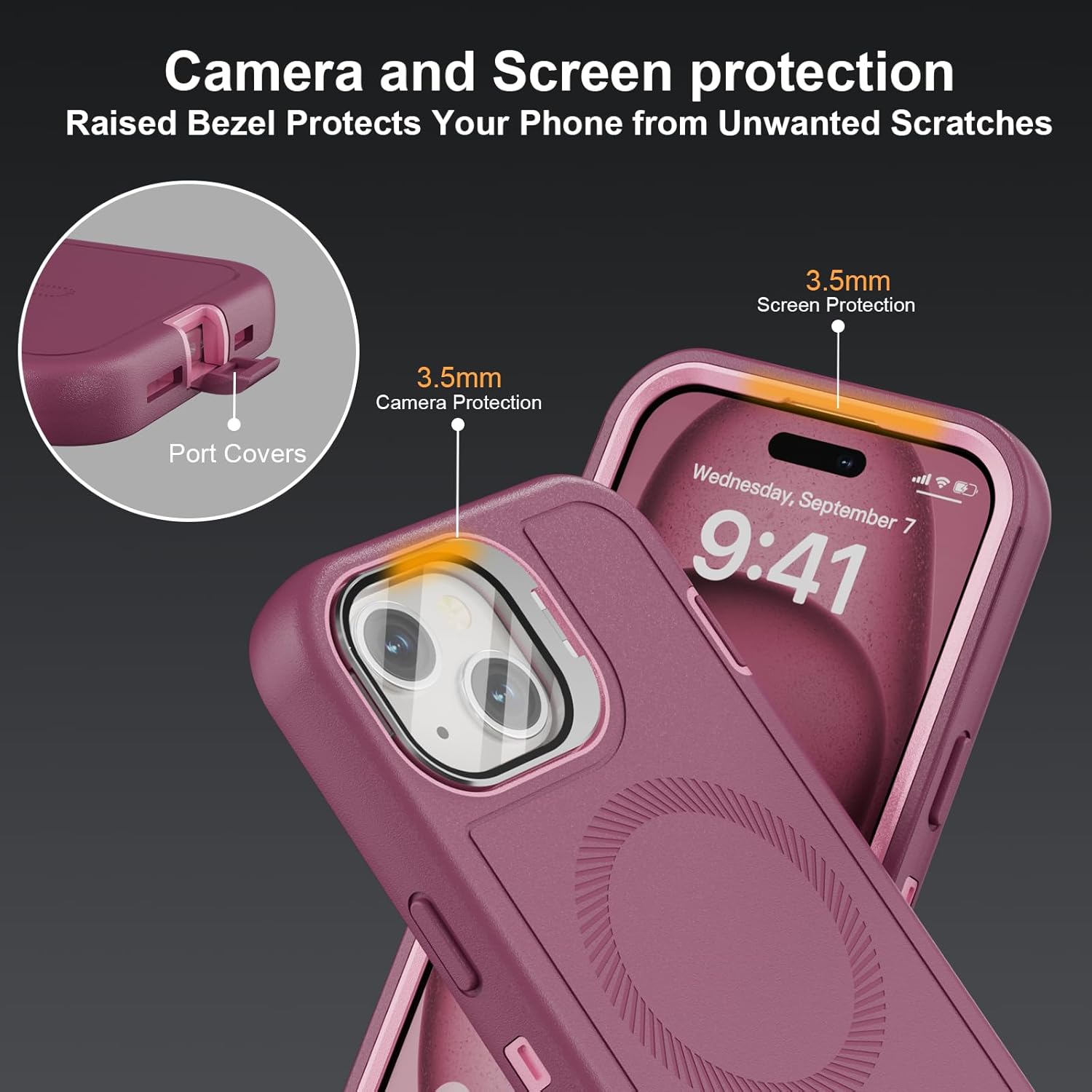 Follaroma for iPhone 15 Case with Stand & Built-in Camera Cover, MagSafe Compatible, Heavy-Duty Shockproof Protection, Magnetic & Rugged Phone Cover for iPhone 15 6.1'', Purple-Pink