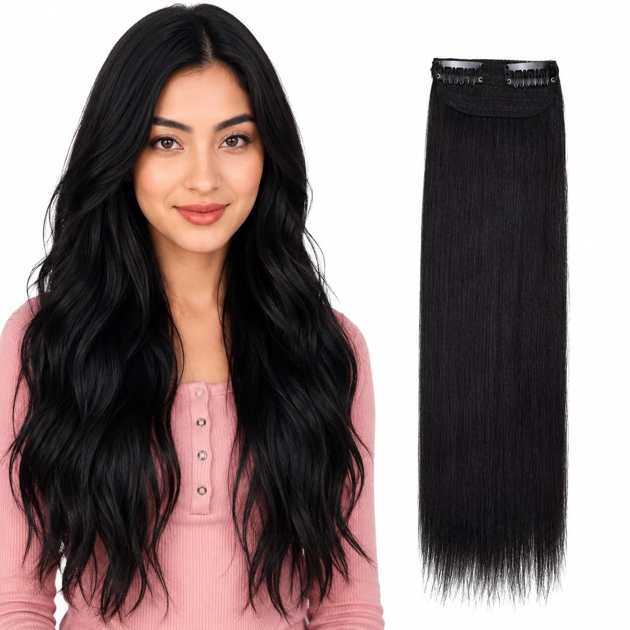 Chaam Remy 2 clip side bang Invisible Hairpin Synthetic Hair 20 Inch 50 Gram Thinning Hair Adding Fluffy Short Silk Straight Hair Piece Hair Extension for Women (Black, Pack of 3)-image-21
