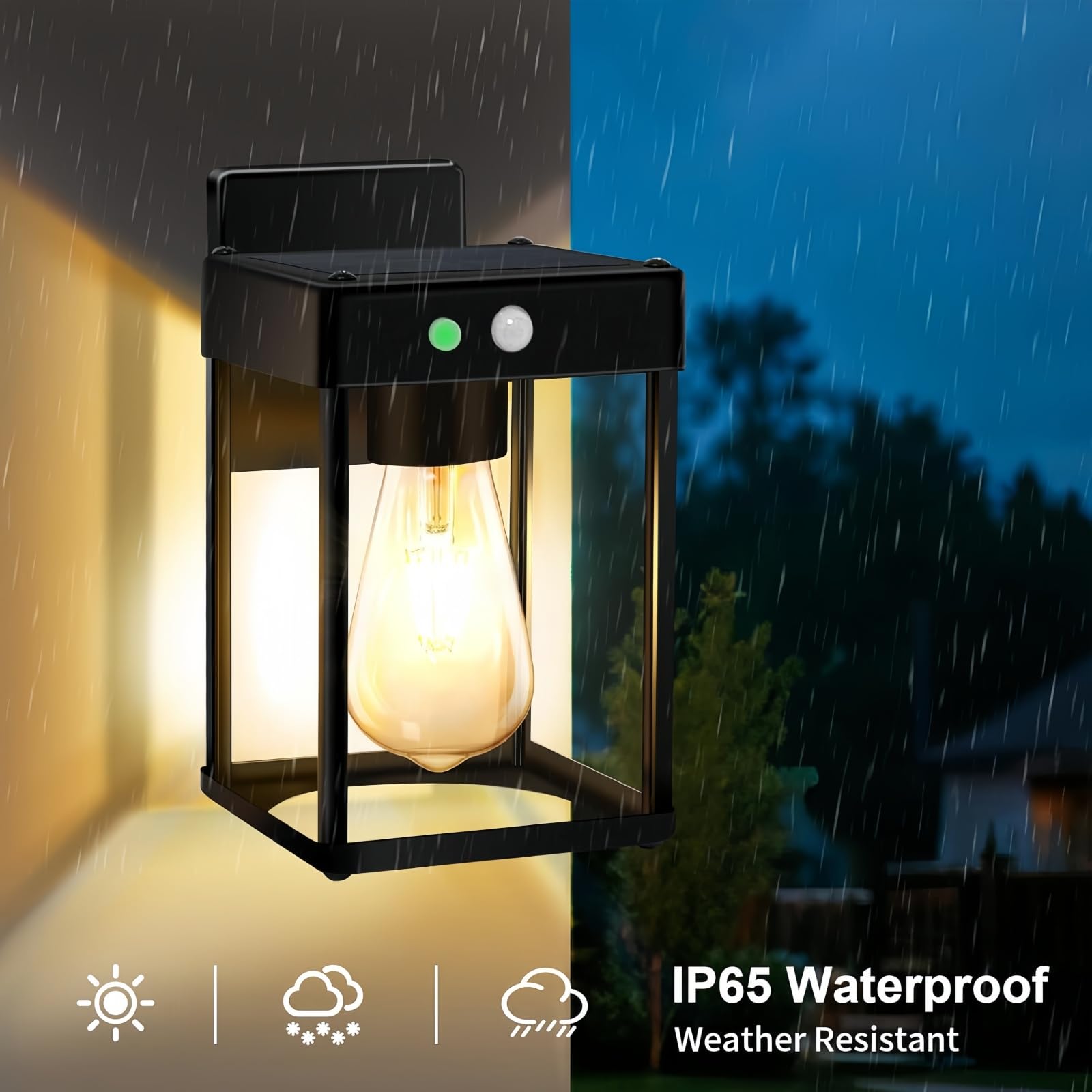 Lanterne solari da parete per esterni, luci Teilybao con lampadina calda 3200 K e lampadina bianca 6500 K, luci da parete solari impermeabili con pannello trasparente e 3 modalità di illuminazione per