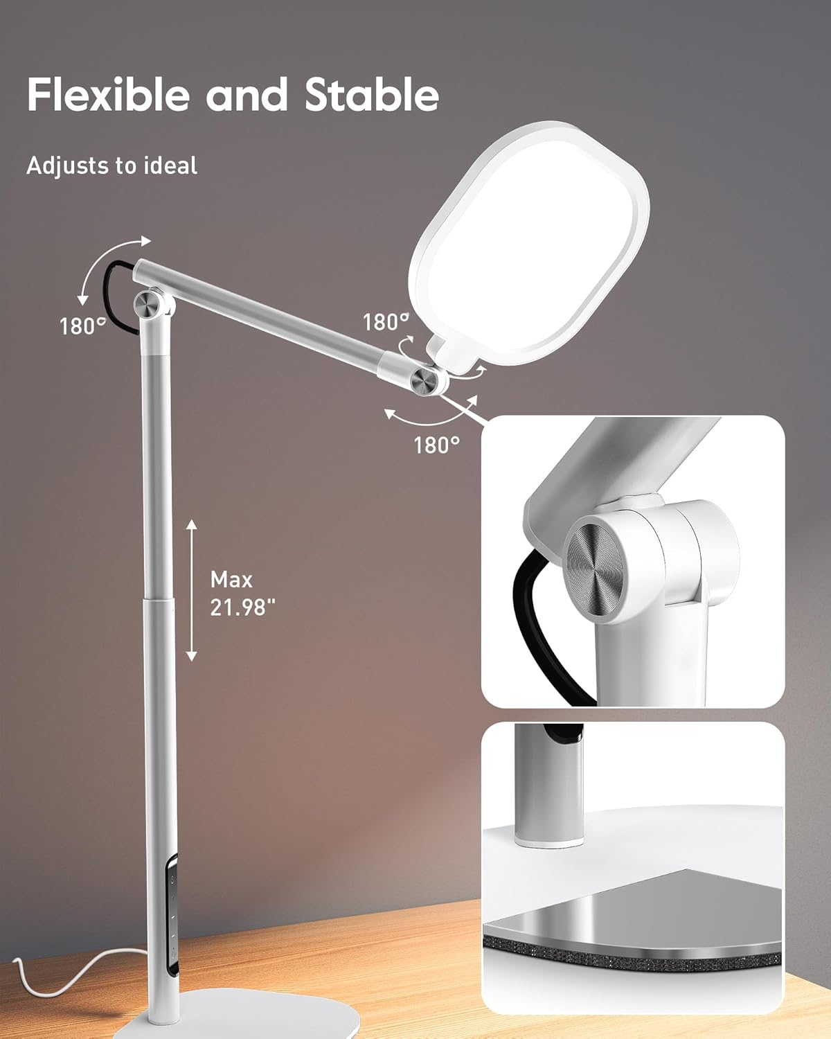 Led Desk Lamps for Home Office with Base, Tall Desk Lamp with 50 Light Modes & Memory and Timer Func Computer Light, Flexible Adjustable Table Lamps for Video Conference, Architect or Study( White)