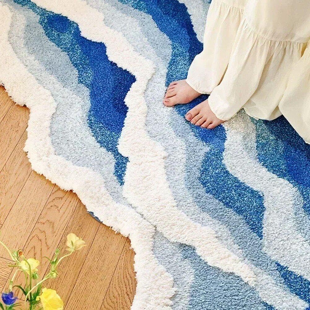 Tapis Vague 3D Touffeté, Tapis Océan, Antidérapant, pour Salle De Bain, Lavable, pour Maison, Le Salon, Salle De Bain
