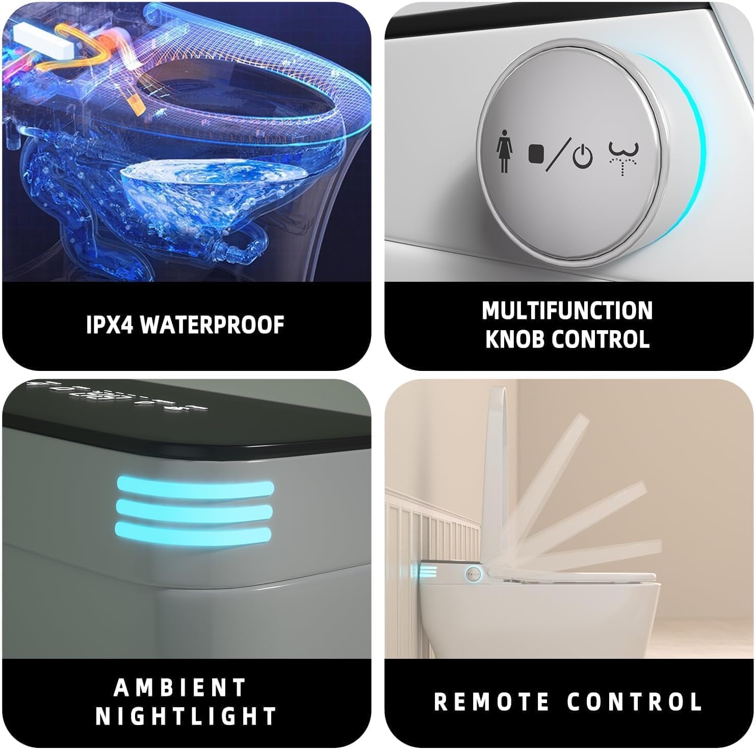 Collage of smart toilet features: IPX4 waterproof, multifunction knob control, ambient nightlight, and remote control.